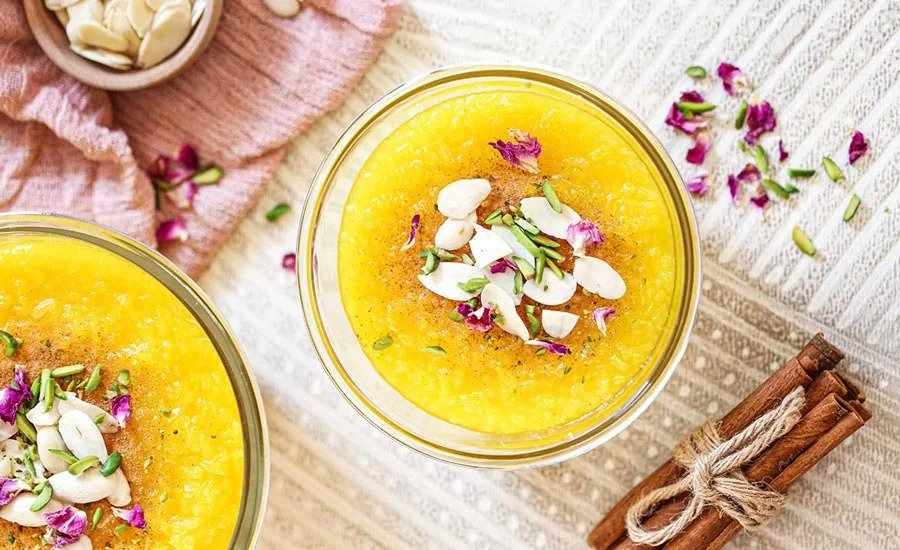 Iranian dish Sholeh Zard (Persian Saffron Rice Pudding)